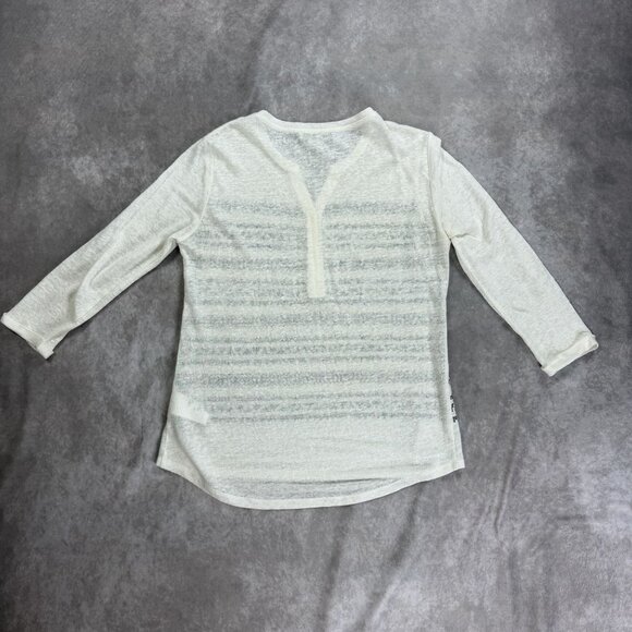 White & Black Tribal Print 100% Linen Long Sleeve Henley Blouse - Picture 6 of 10